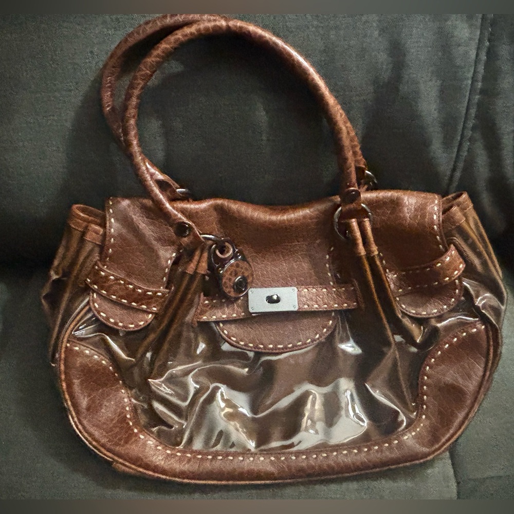 Vintage Moschino Brown Leather Women’s Clear Accent Satchel Shoulder Bag